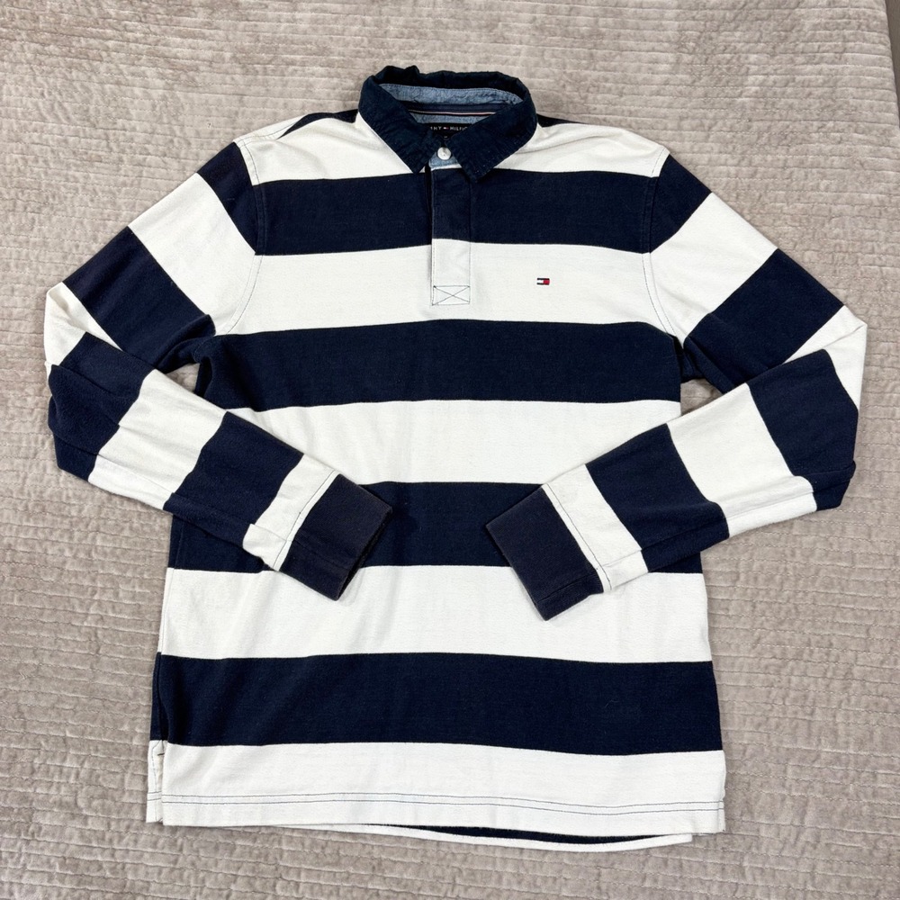 Tommy Hilfiger Mens Long Sleeve Rugby Shirt Navy White Striped Classic Fit M